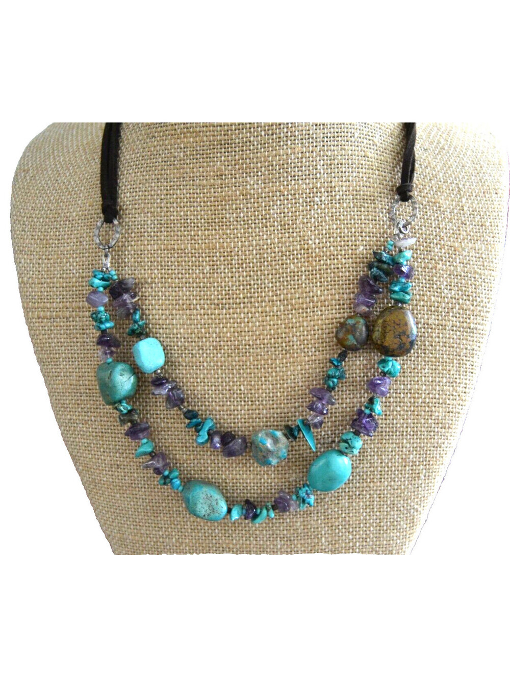 Peyote Bird Double Strand Turquoise Amethyst .925 Leather Necklace 15-17" Signed